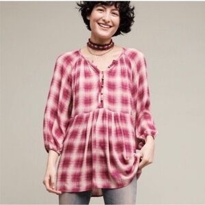 Anthropologie Maeve Shirt Size XS Peplum Pink Plaid Cavalon Boho 3/4 Sleeve